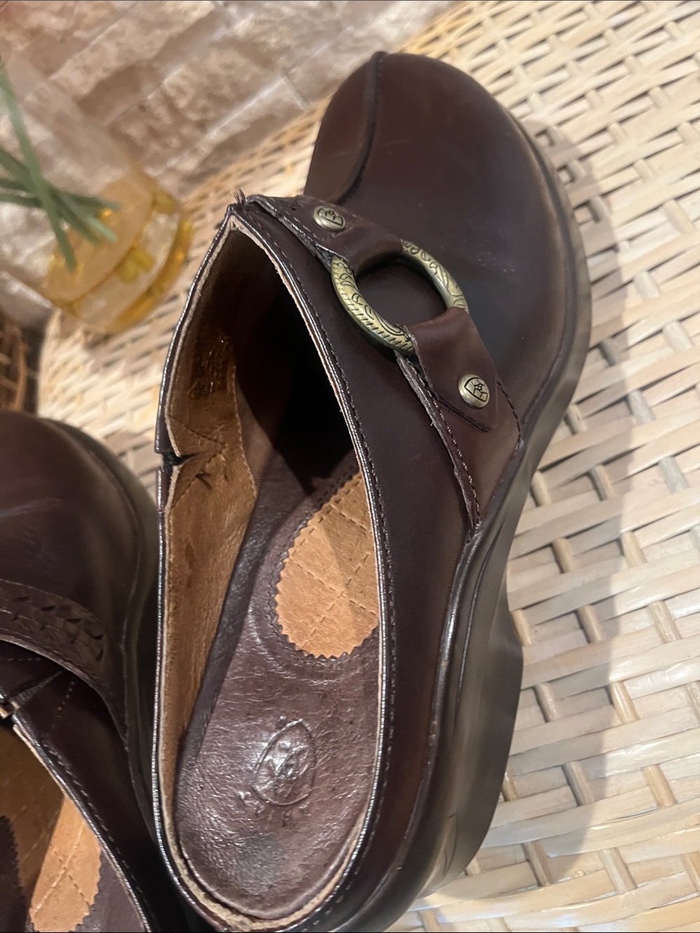 Ariat Dark Brown Leather Mules with Brass Ring Detail
